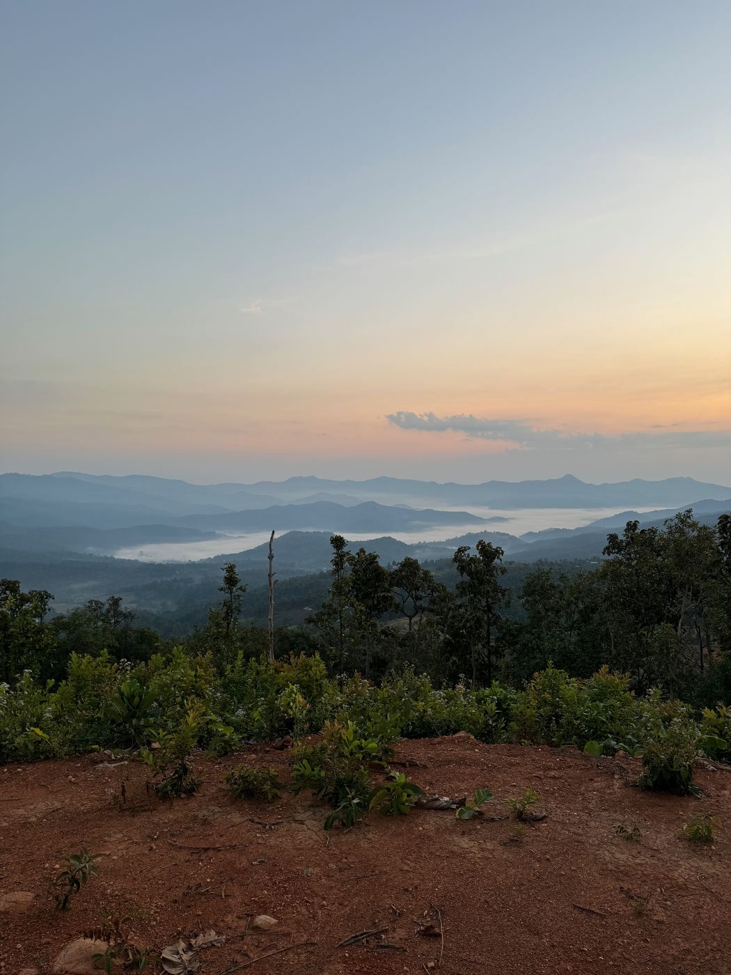 Pastel sunrise over a sea of clouds woven between layered mountain ridges