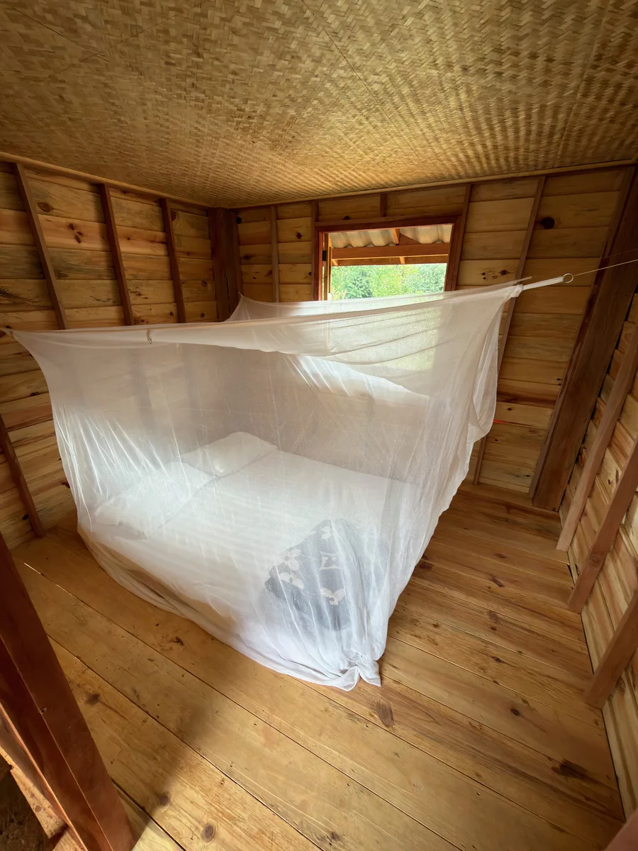 Bright wooden hut interior with a mosquito net over the bed